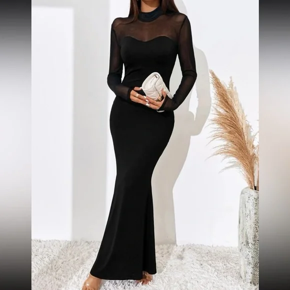 mesh neckline prom dress Lyra Rhinestone Mesh Cowl Neck Formal Dress